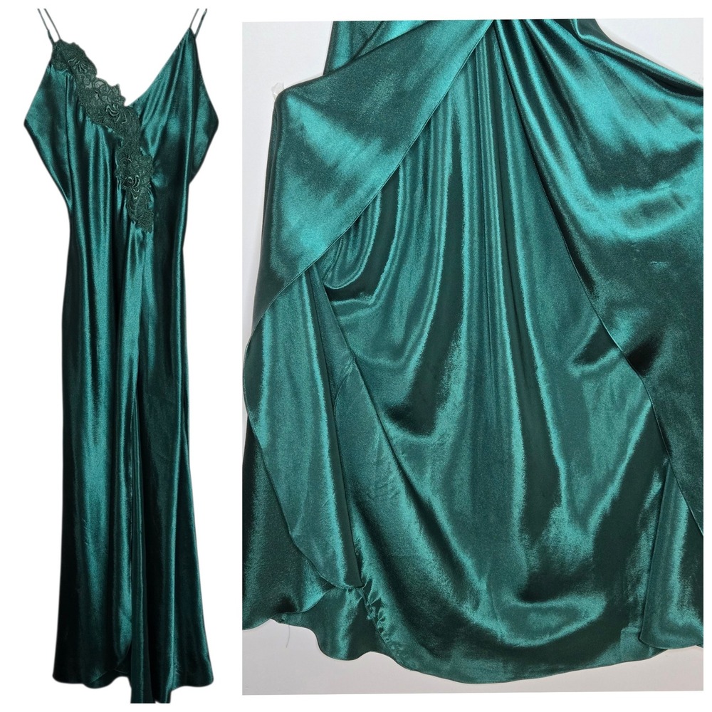 Vtg Lingerie Cacique Emerald Green Satin Nightgown Lace Slip Dress Whimsigoth S
